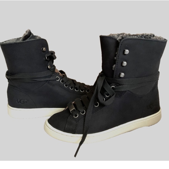 FINAL SALE πUGG Starlyn Leather Sneakers Black Shearling Lined NEW * - Picture 3 of 16